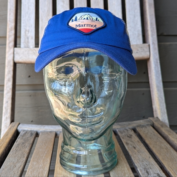 Marmot Retro Trucker Hat Patch Blue Gray Camping - Picture 1 of 7